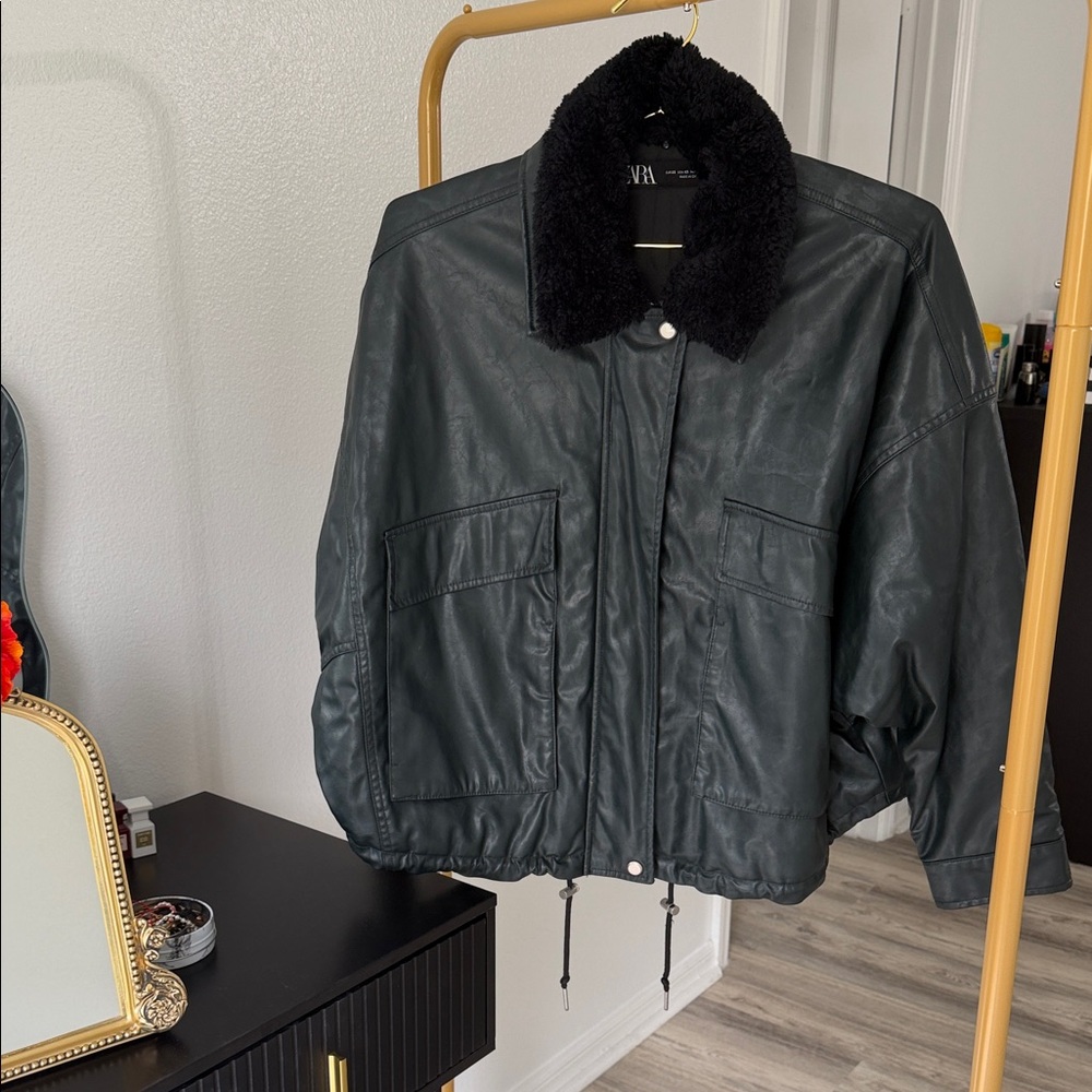 Zara Dark Gray Faux Leather Jacket with Black Collar